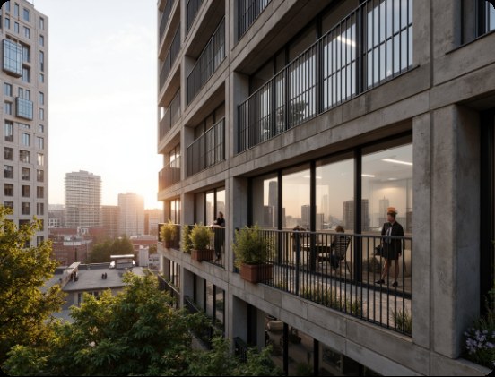 Fachada de condomínio residencial ao entardecer